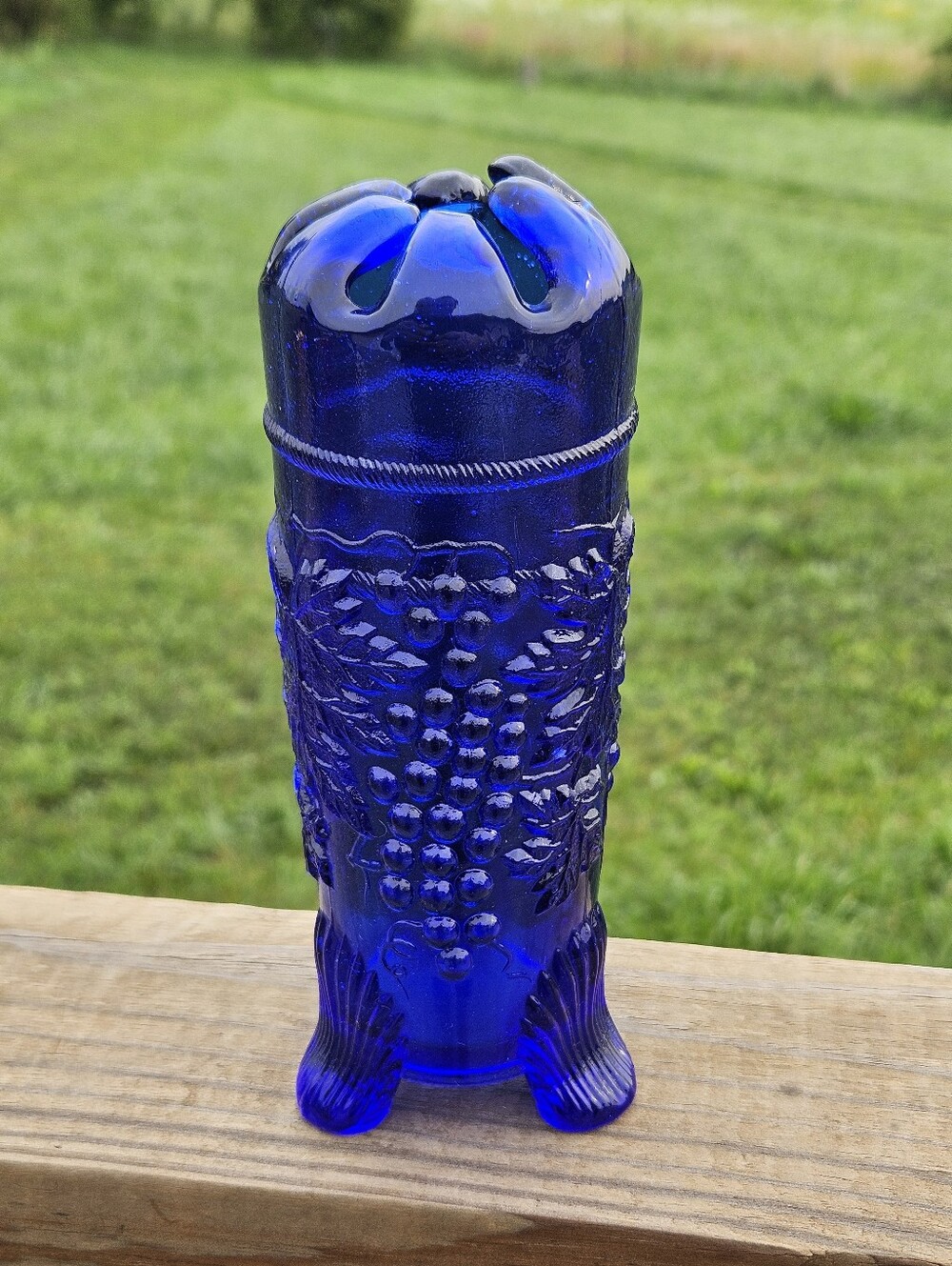 Vintage Cobalt Blue Glass Grape and Cable Footed 7" Hatpin Holder Vase